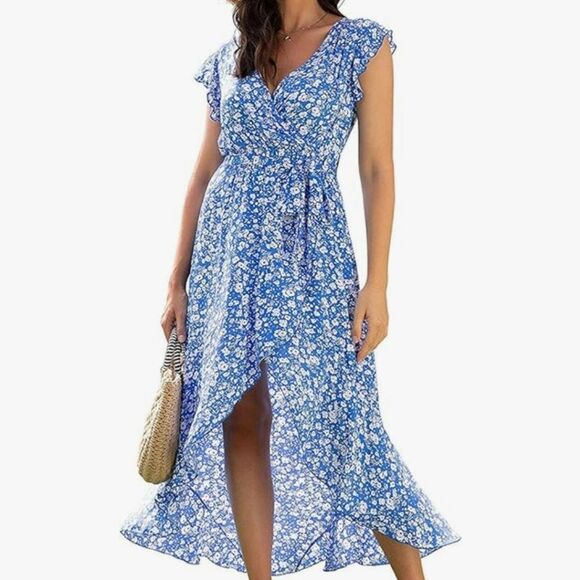 Grecerelle Hi Low Dress Faux Wrap Front Flutter Sleeve Blue Paisley Print XL - Picture 14 of 14